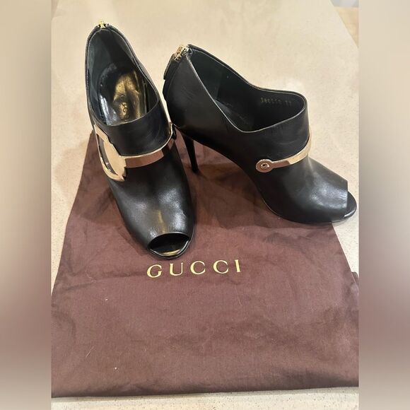 GUCCI Peeptoe Ankle Bootie with Gold Horsebit Zip Up Size 37 - Picture 2 of 13